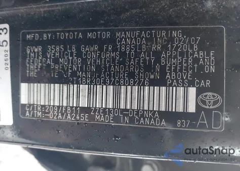 2007 Toyota Corolla Le from USA, damaged, VIN 2T1BR30E97C808276